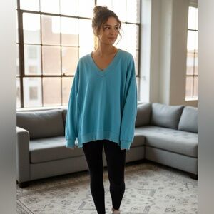 Aerie Aqua Blue V-Neck Sweatshirt - Raw Edge Pullover - Size Small